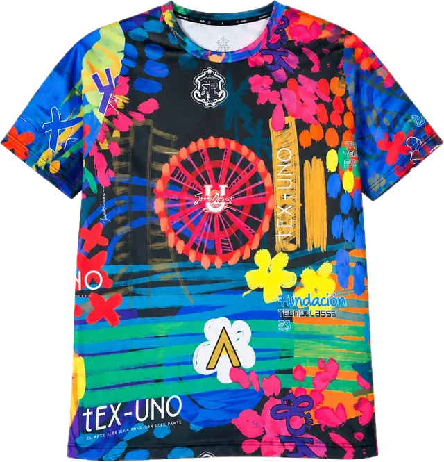 Camiseta oficial del Desfile Cantores Killeros 2026, con estampado de pinceladas de colores, flores, una rueda de la fortuna y los logos del desfile y sus aliados